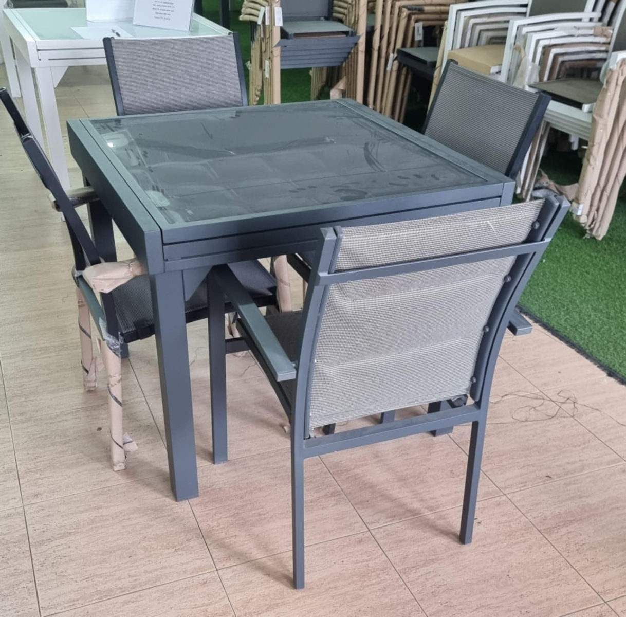 שולחן אלומיניום נפתח 180*90*90 אפור עכבר +4כסאות אלומיניום אפור עכבר ויולטה VIOLETTA ATM2305